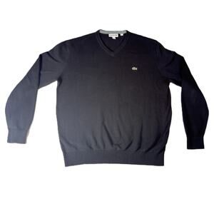 Lacoste Men's V-Neck Sweater Black 100% Cotton Crocodile Logo Size 5 US Large L